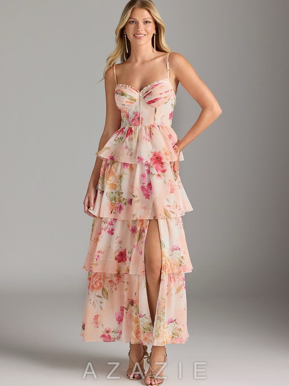 Azazie Kaiden Floral Tiered Maxi Dress with Front Slit